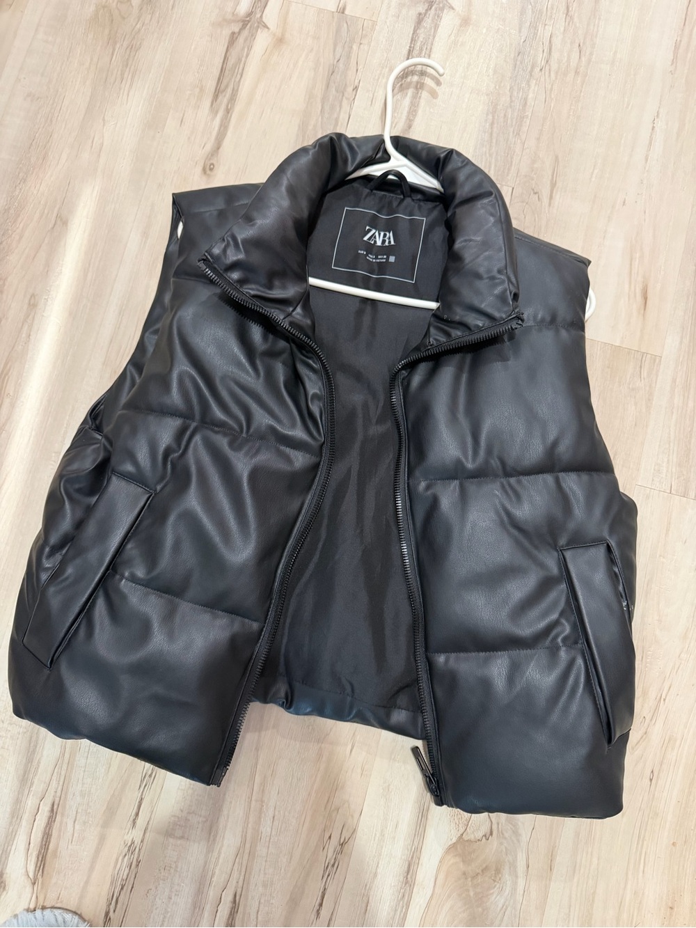 ZARA Black Quilted Faux-Leather Puffer Vest